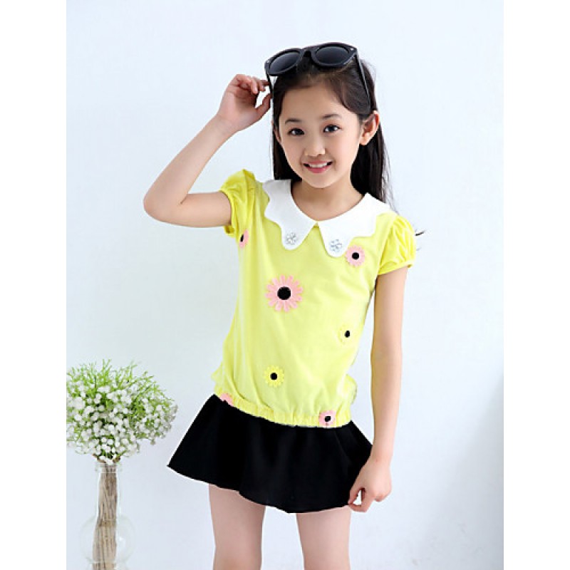 Girl's Cotton Summer Flower Adornment Doll Collar Short Sleeve Tee  