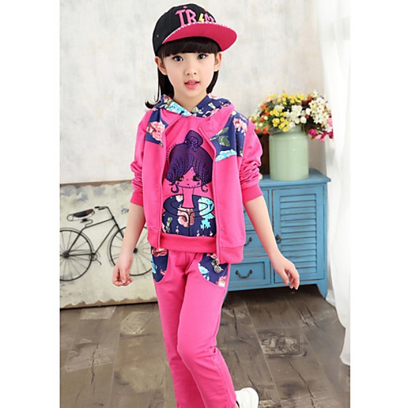 Girl's Cotton Spring/Autumn Cartoon Printed Hoodies Pants Three-piece Set  