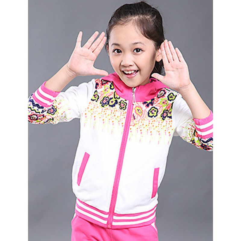 Girl's Cotton Spring/Autumn Sport Suit Set Floral Zipper Kids Hoodies And Pants Three-piece Set  