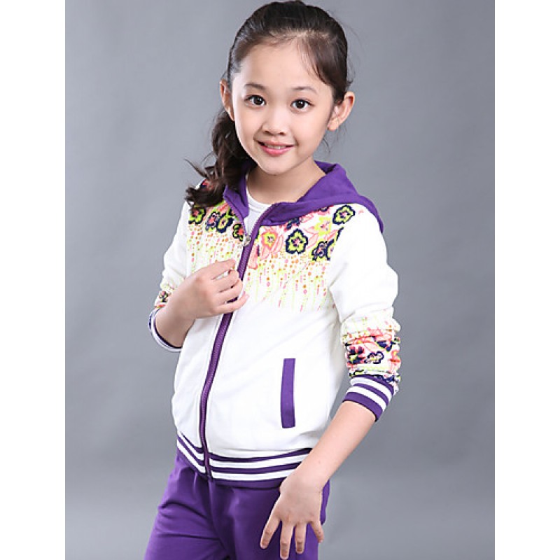 Girl's Cotton Spring/Autumn Sport Suit Set Floral Zipper Kids Hoodies And Pants Three-piece Set  