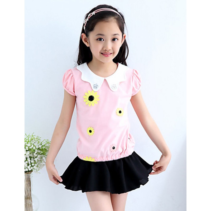 Girl's Cotton Summer Flower Adornment Doll Collar Short Sleeve Tee  