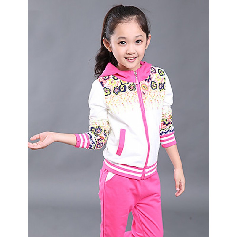 Girl's Cotton Spring/Autumn Sport Suit Set Floral Zipper Kids Hoodies And Pants Three-piece Set  