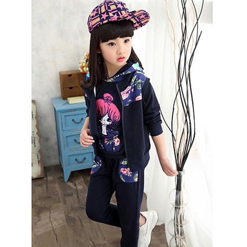 Girl's Cotton Spring/Autumn Cartoon Printed Hoodies Pants Three-piece Set  