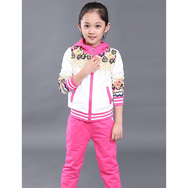 Girl's Cotton Spring/Autumn Sport Suit Set Floral Zipper Kids Hoodies And Pants Three-piece Set  