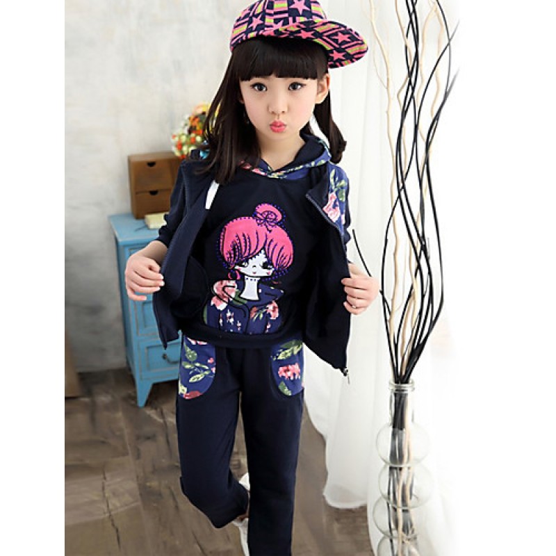 Girl's Cotton Spring/Autumn Cartoon Printed Hoodies Pants Three-piece Set  